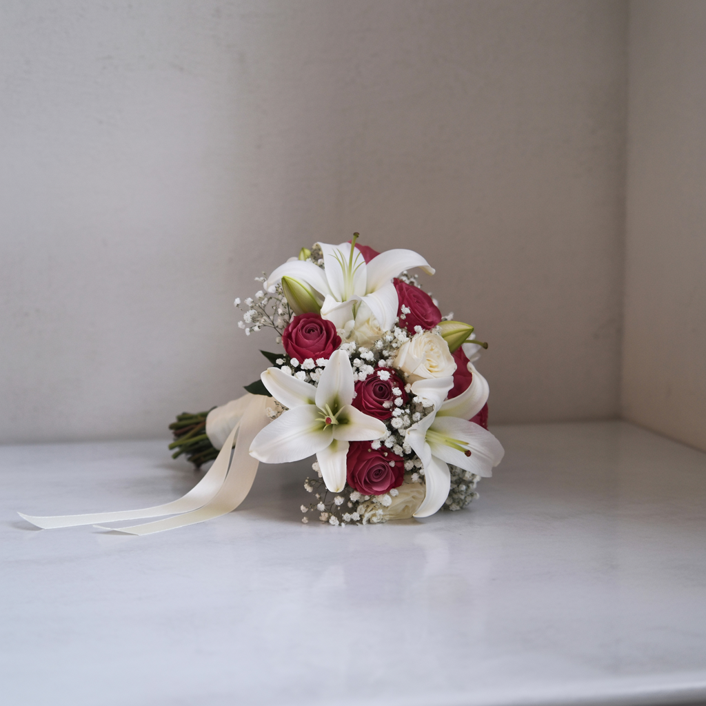 ARMONIA SCARLATTA – Bouquet di Roselline Rosse e Gigli
