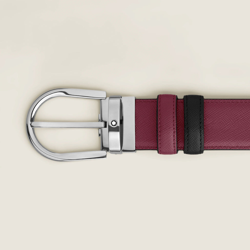 Montblanc cintura reversibile 35 mm pelle nera/cassis con fibbia a ferro di cavallo 199638