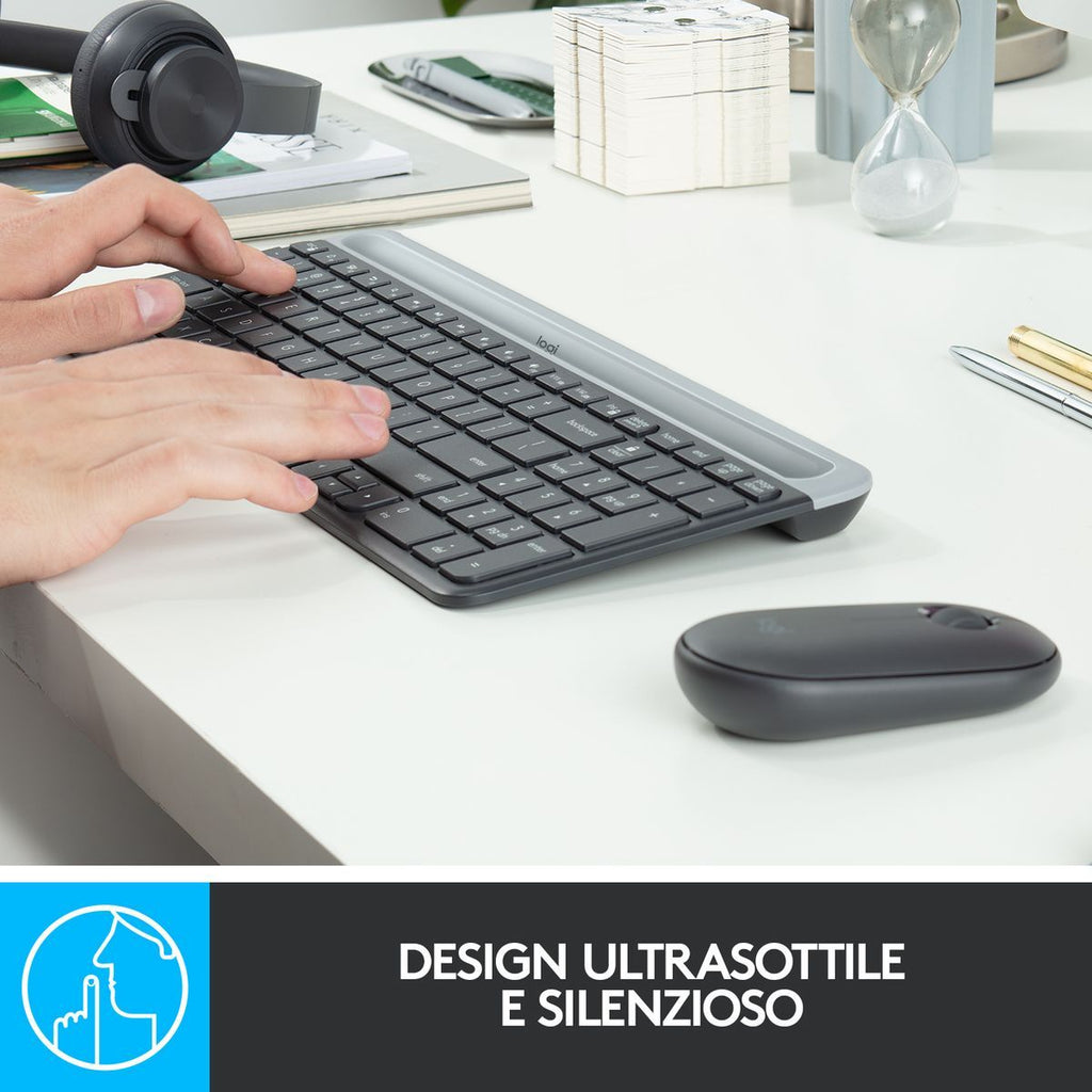 Logitech MK470 Kit Mouse e Tastiera Wireless per Windows, Ricevitore USB 2.4 GHz, Sottile, Compatto, Silenzioso, Batteria Lunga Durata, PC/Laptop, Layout Italiano QWERTY, Grigio [920-009196]