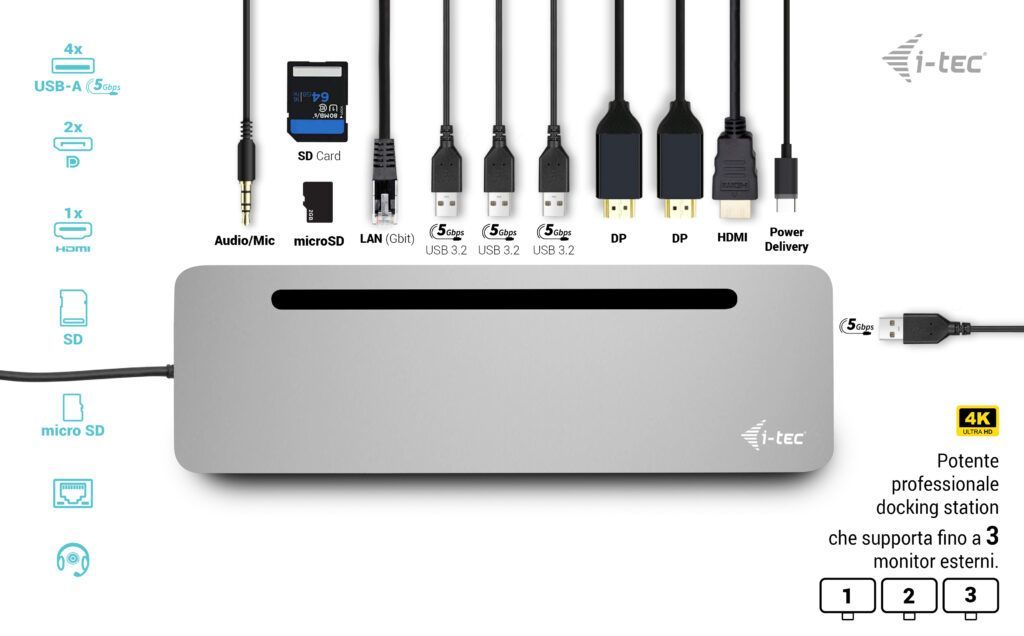 i-tec USB-C Metal Ergonomic 3x 4K Display Docking Station + Power Delivery 100 W [C31FLAT2PDPRO]