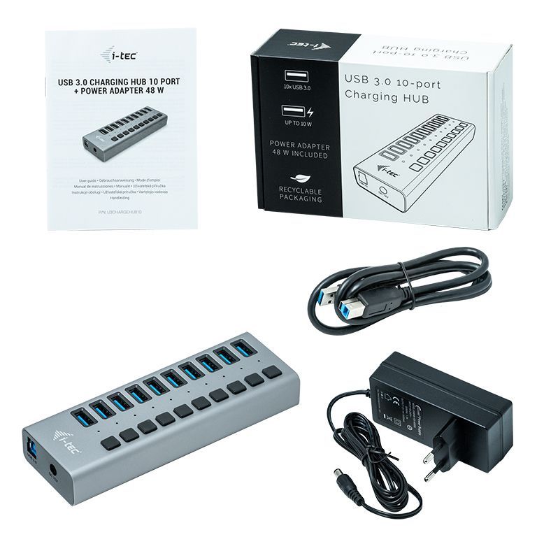 i-tec U3CHARGEHUB10 Caricabatterie per dispositivi mobili Universale Grigio AC Ricarica rapida Interno [U3CHARGEHUB10]