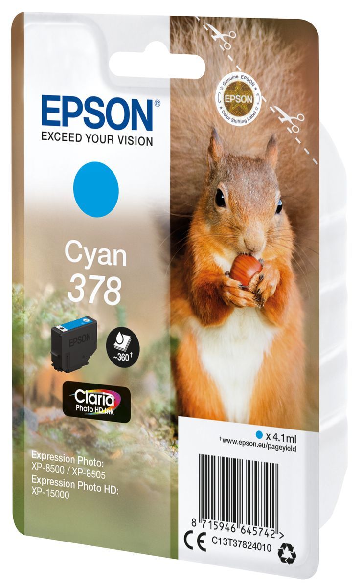 Epson Squirrel Singlepack Cyan 378 Claria Photo HD Ink [C13T37824010]
