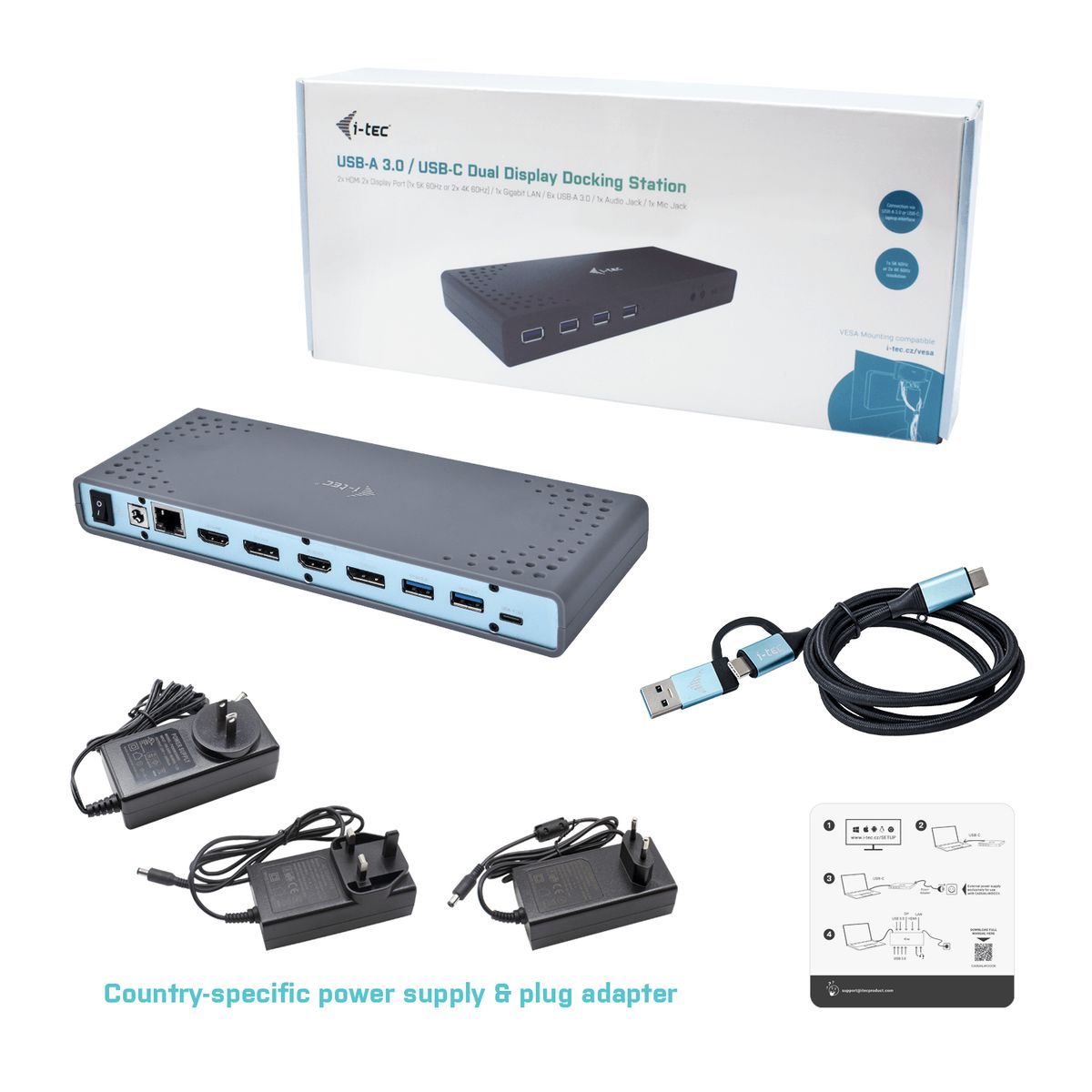 i-tec USB 3.0 / USB-C / Thunderbolt 3 Dual Display Docking Station [CADUAL4KDOCK]