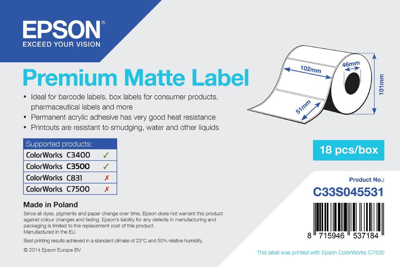 Epson Premium Matte Label - Die-cut Roll: 102mm x 51mm, 650 labels [C33S045531]