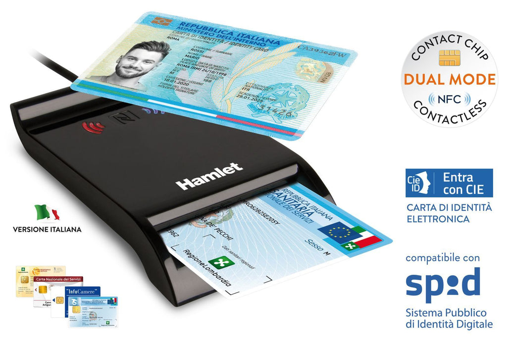 Hamlet HUSCR-NFC Lettore 2 in 1 combinato NFC per Carta identità Elettronica CIE 3.0 e Lettore Smart Card [HUSCR-NFC]