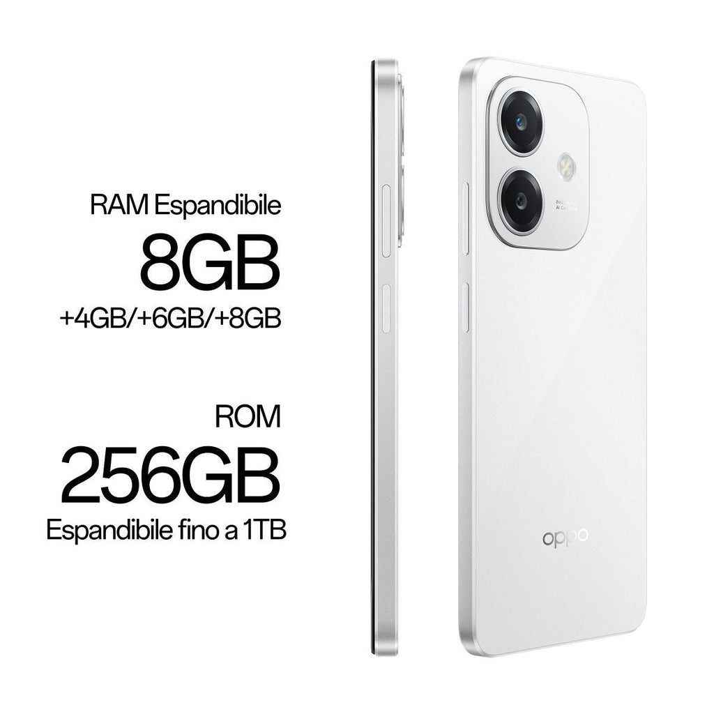 OPPO A40M Smartphone, Fotocamera AI 50MP, Selfie 5MP, Display 6.67 90HZ LCD HD+, 5100mAh, RAM 16 GB (8+8) + ROM 256GB, IP54, [Versione Italia], Starlight White [110010347675]