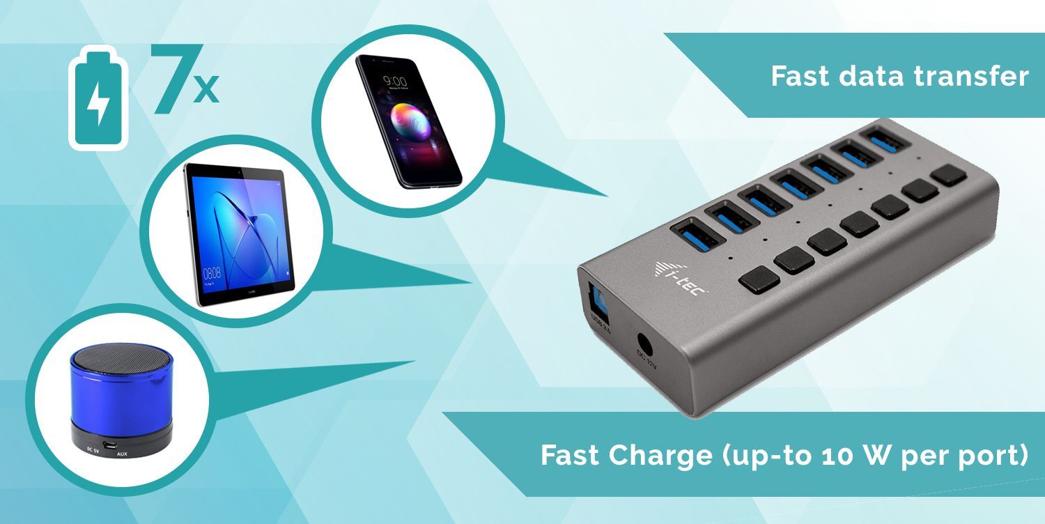 i-tec U3CHARGEHUB7 Caricabatterie per dispositivi mobili Universale Grigio AC Ricarica rapida Interno [U3CHARGEHUB7]