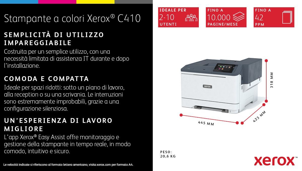 Xerox C410 A4 40 ppm Stampante fronte/retro PS3 PCL5e/6 2 vassoi 251 fogli [C410V_DN]