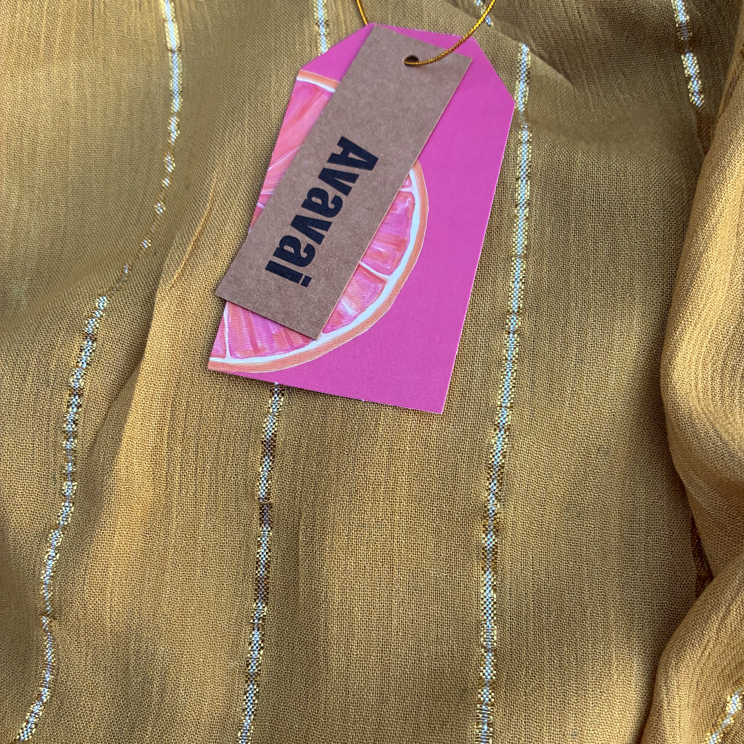 Maxi Dress a righe oro con cintura in cordoncino e nappine✨Giallo Pastello