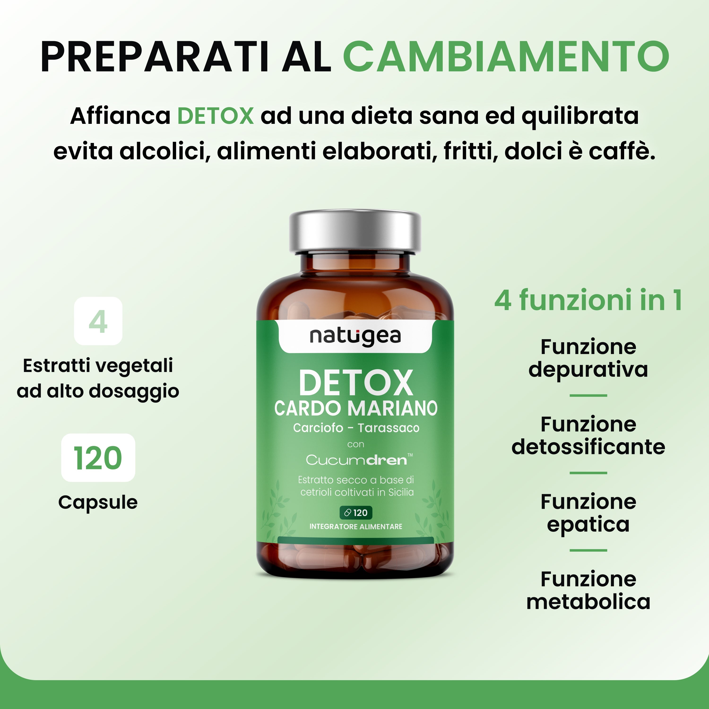 Integratore con Cardo Mariano, Carciofo e Tarassaco – Funzione Epatica e Digestiva – Drenaggio Liquidi – 120 Capsule Vegane