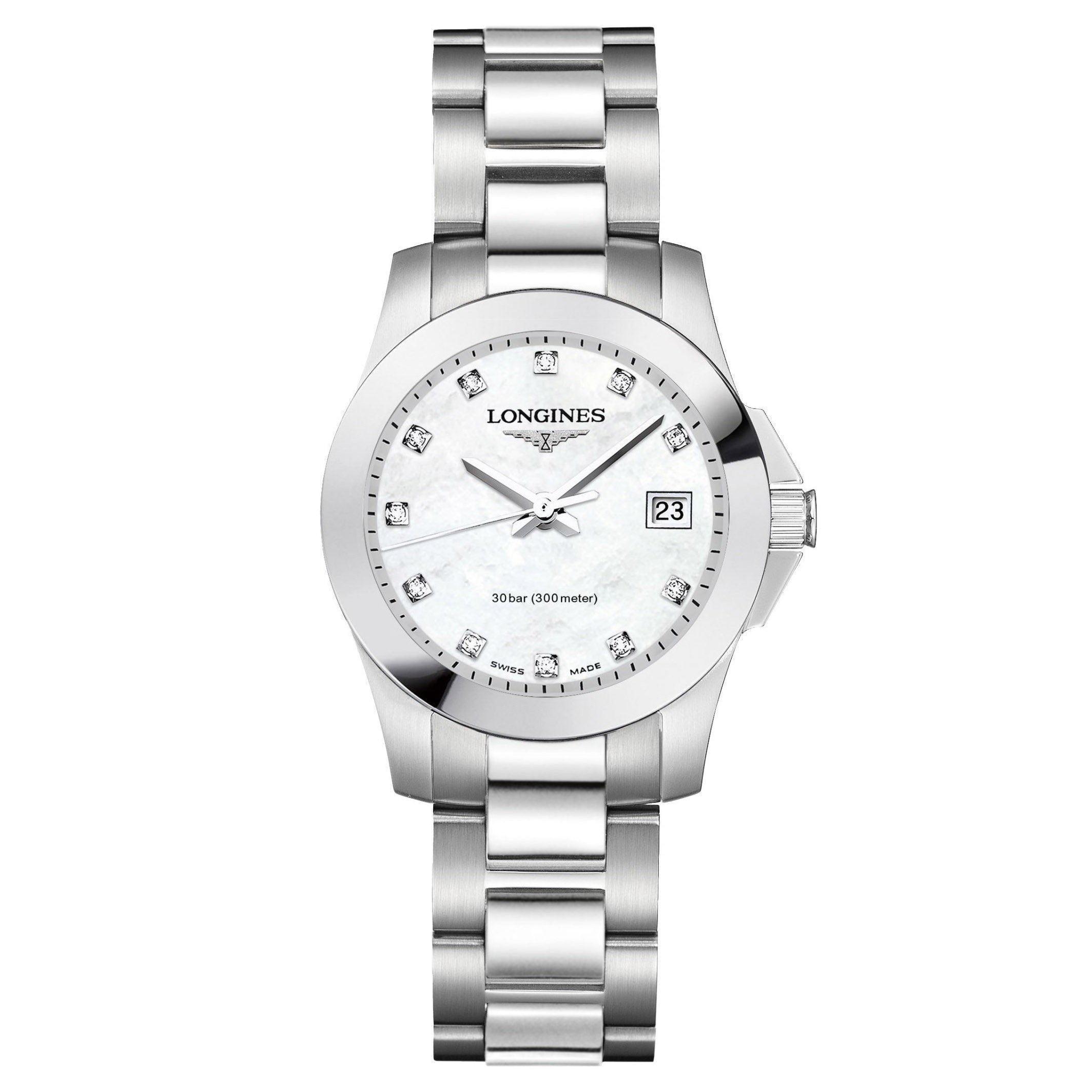 Longines orologio Conquest 29mm madreperla bianca diamanti acciaio L3.376.4.87.6