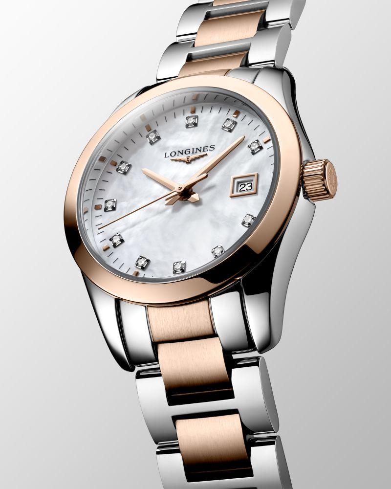 Longines orologio Conquest Classic 29,5mm madreperla diamanti quarzo acciaio finitura PVD oro rosa L2.286.3.87.7