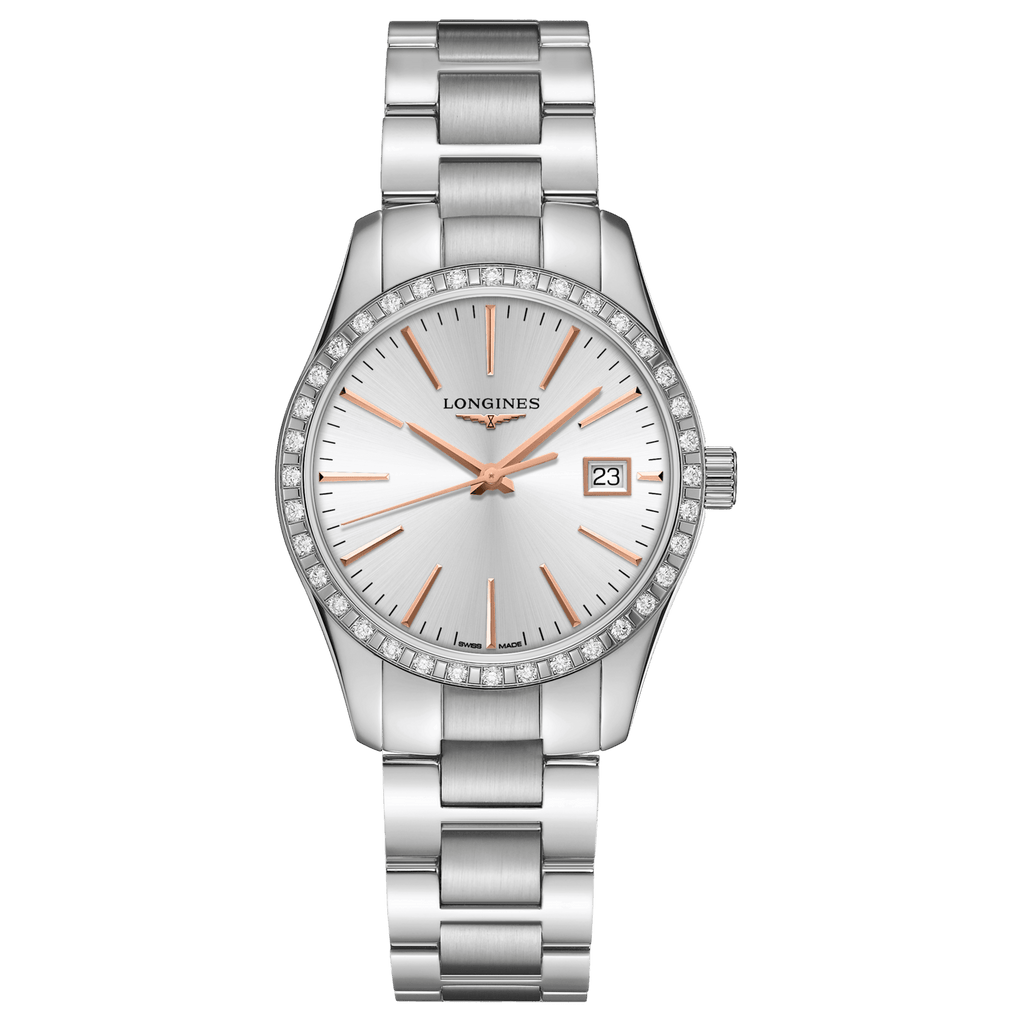 Longines orologio Conquest Classic 34mm argento diamanti quarzo acciaio L2.386.0.72.6