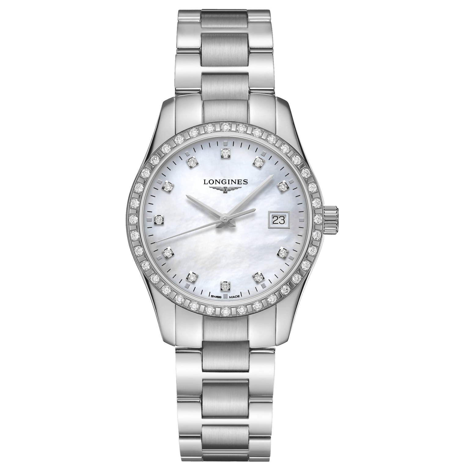 Longines orologio Conquest Classic 34mm madreperla diamanti quarzo acciaio L2.386.0.87.6