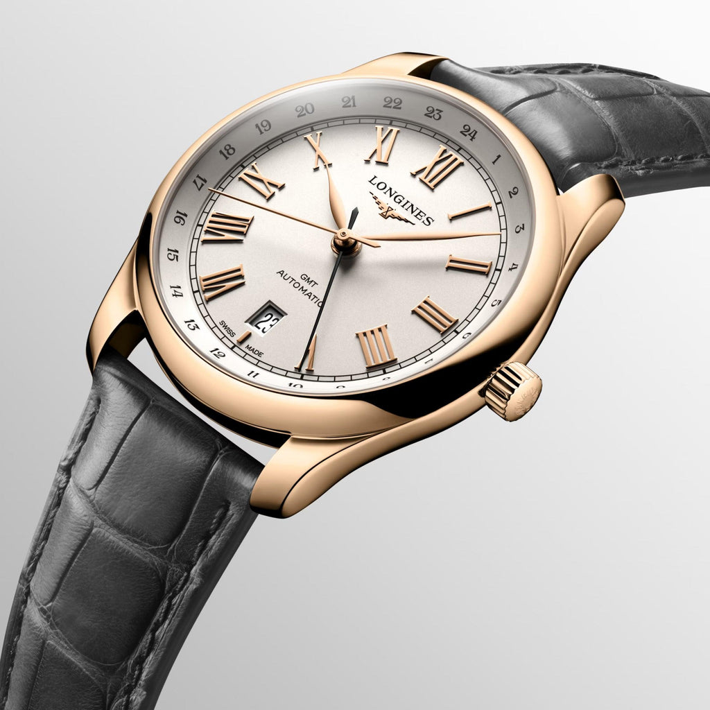 Longines orologio Master Collection GMT 40mm argento automatico oro rosa 18kt L2.844.8.71.2