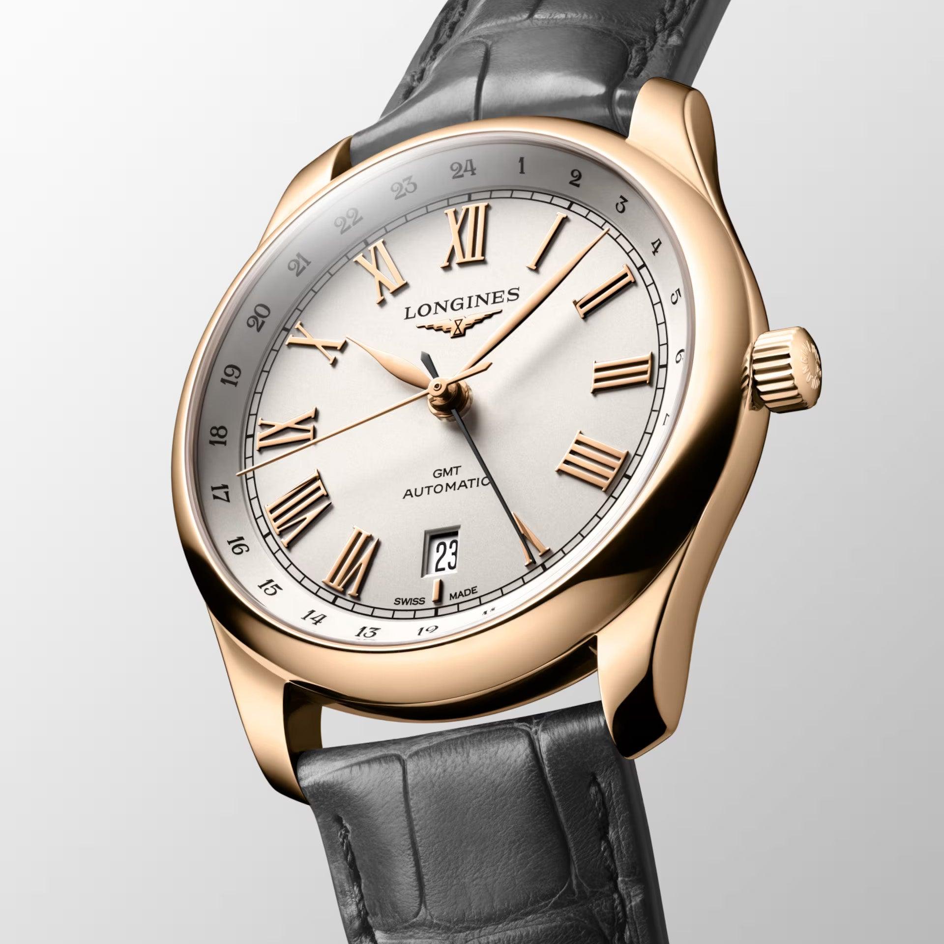 Longines orologio Master Collection GMT 40mm argento automatico oro rosa 18kt L2.844.8.71.2