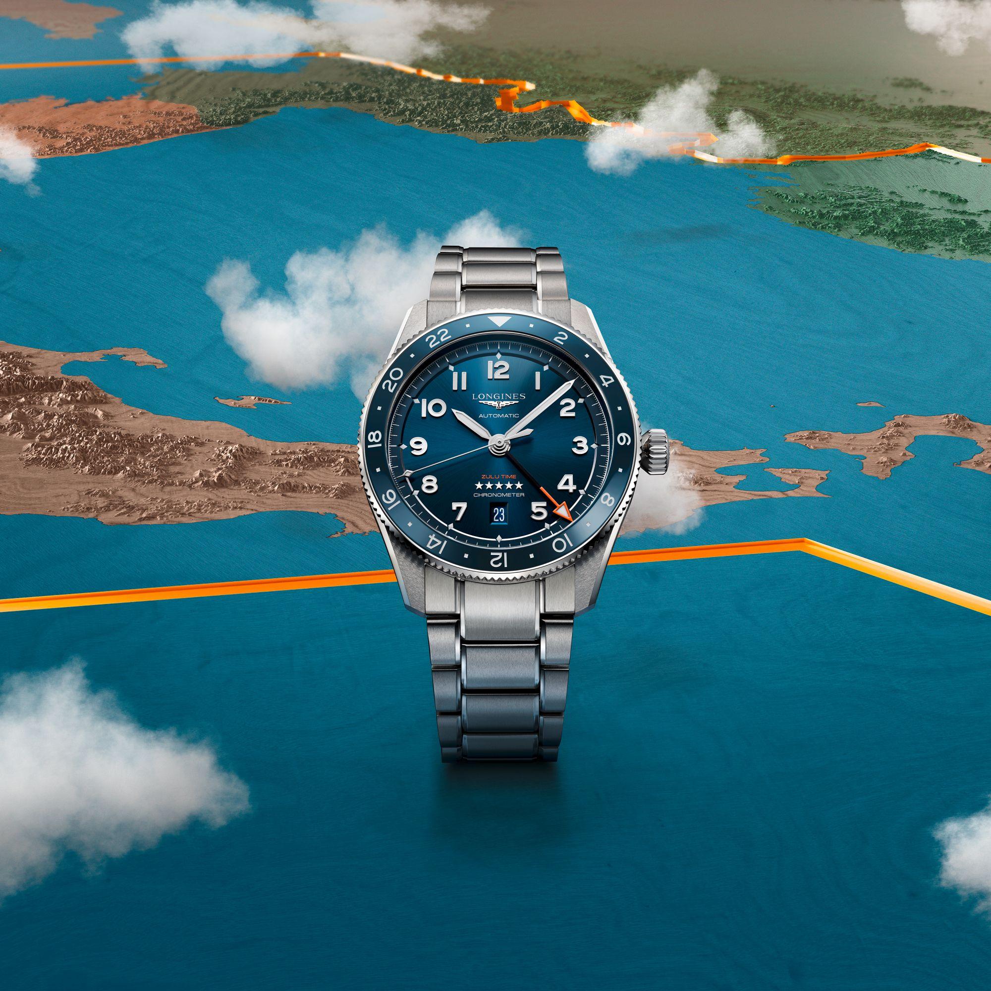 Longines orologio Spirit Zulu Time 42mm blu automatico acciaio L3.812.4.93.6
