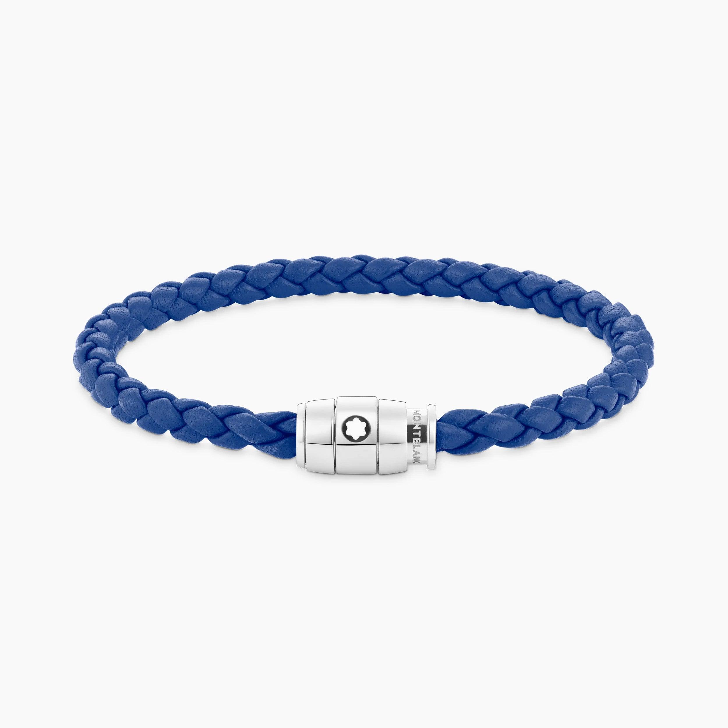 Montblanc bracciale in acciaio con chiusura a 3 anelli e pelle blu misura L 130900 68