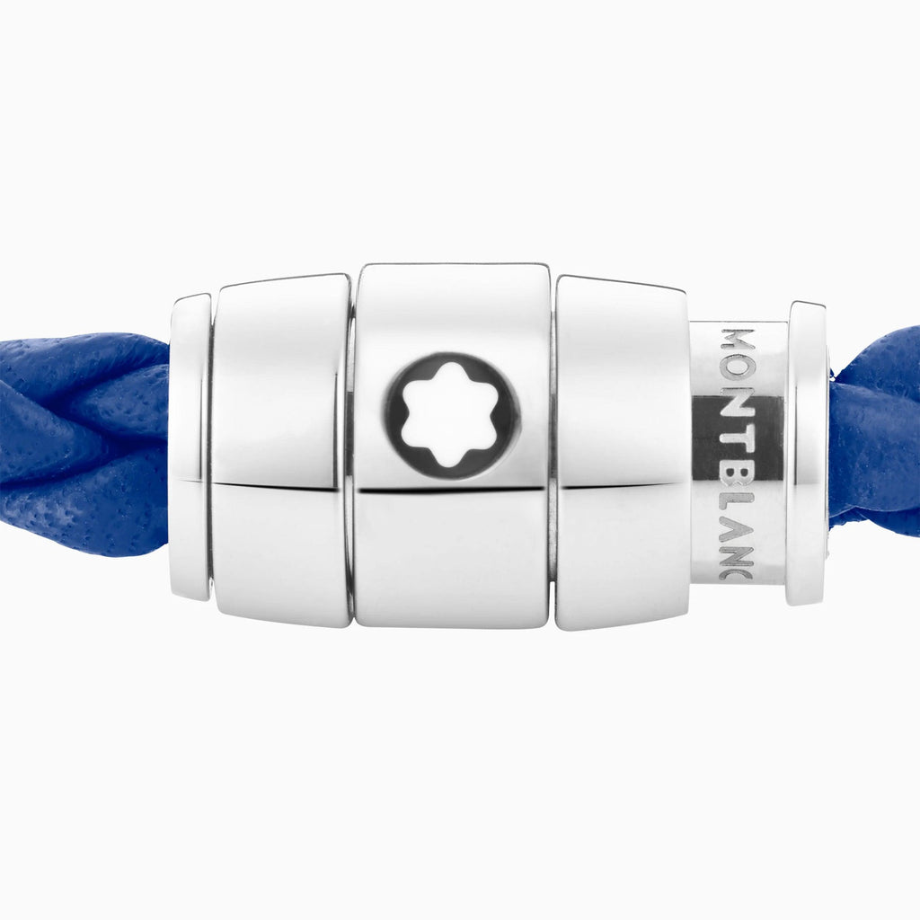 Montblanc bracciale in acciaio con chiusura a 3 anelli e pelle blu misura L 130900 68