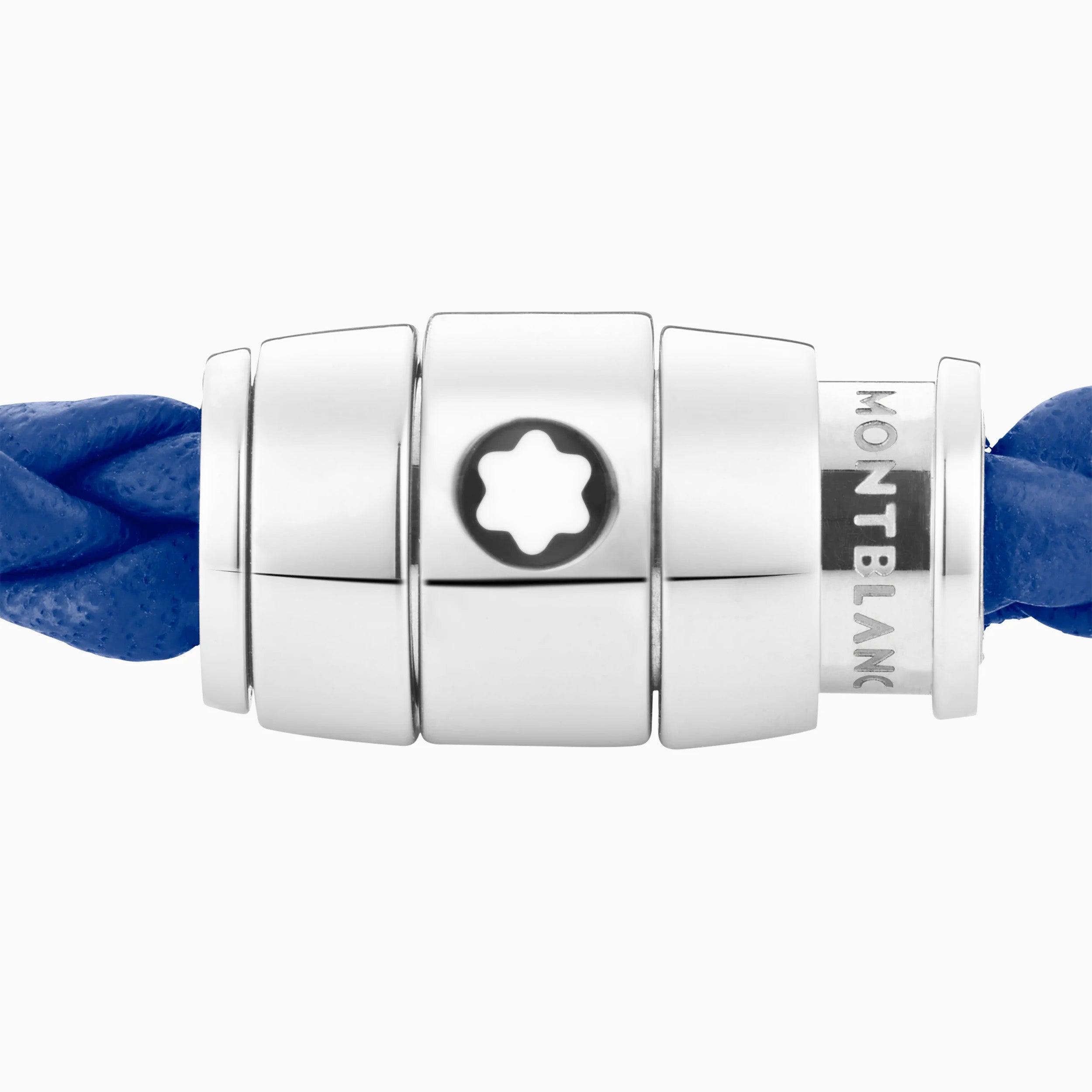 Montblanc bracciale in acciaio con chiusura a 3 anelli e pelle blu misura L 130900 68