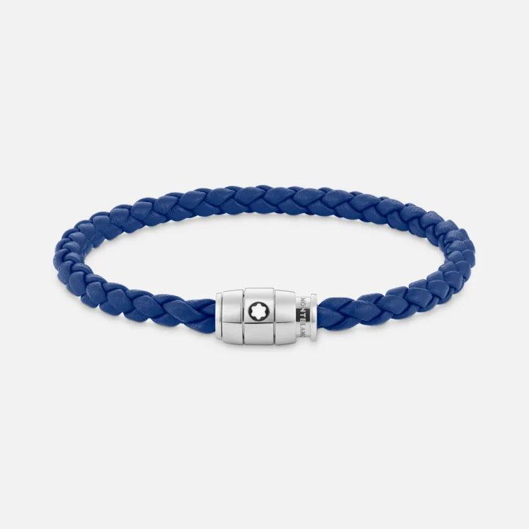 Montblanc bracciale in acciaio con chiusura a 3 anelli e pelle blu misura M 130899 63