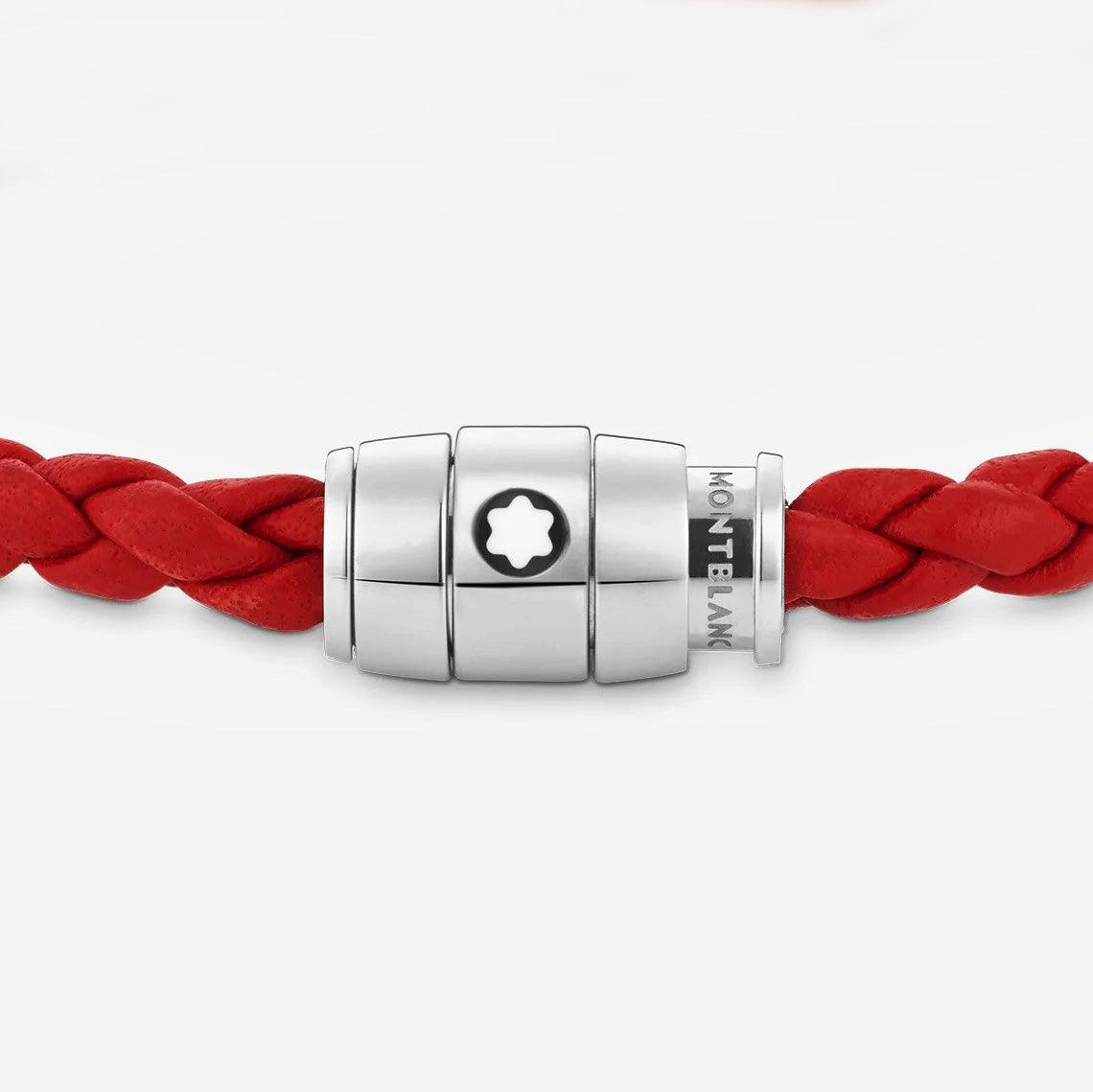 Montblanc bracciale in acciaio con chiusura a 3 anelli e pelle rossa misura L 130903 68