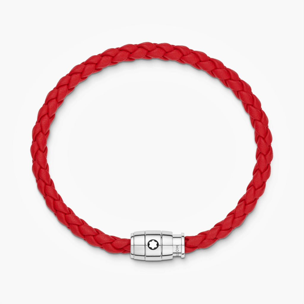 Montblanc bracciale in acciaio con chiusura a 3 anelli e pelle rossa misura L 130903 68