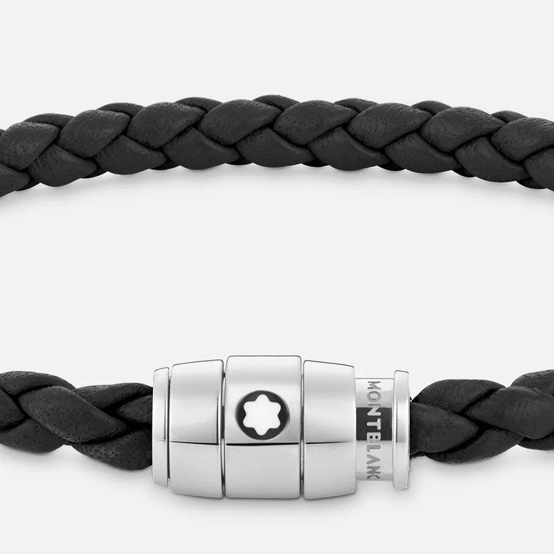 Montblanc bracciale pelle intrecciata nera chiusura a 3 anelli misura S 130895 60