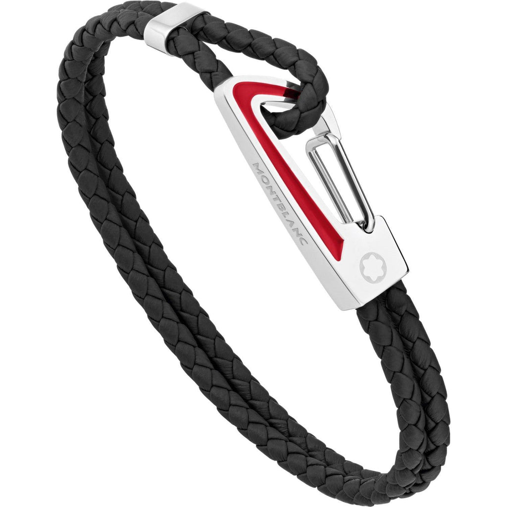 Montblanc bracciale Star pelle nera intrecciata con chiusura moschettone acciaio inserto lacca rossa misura M 11855563
