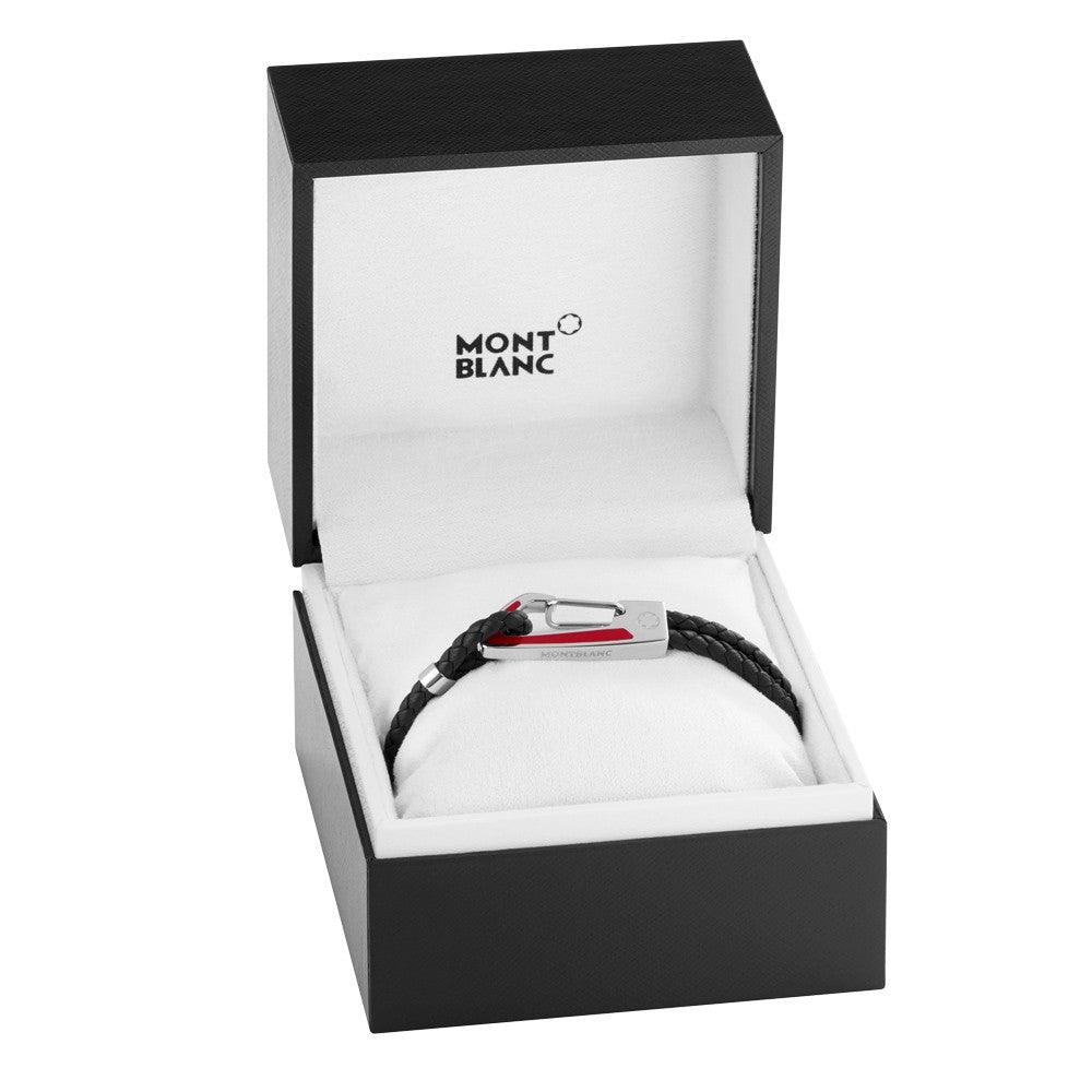 Montblanc bracciale Star pelle nera intrecciata con chiusura moschettone acciaio inserto lacca rossa misura M 11855563