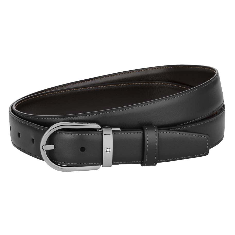 Montblanc cintura 30mm con fibbia a ferro di cavallo finitura rutenio regolabile reversibile nera/marrone 128803