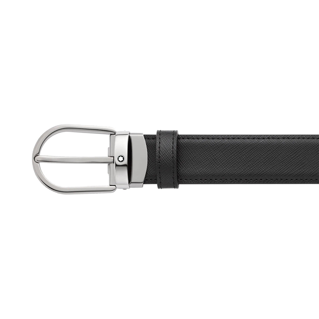 Montblanc cintura 30mm fibbia ferro di cavallo reversibile pelle Sartorial nera/blu 128763