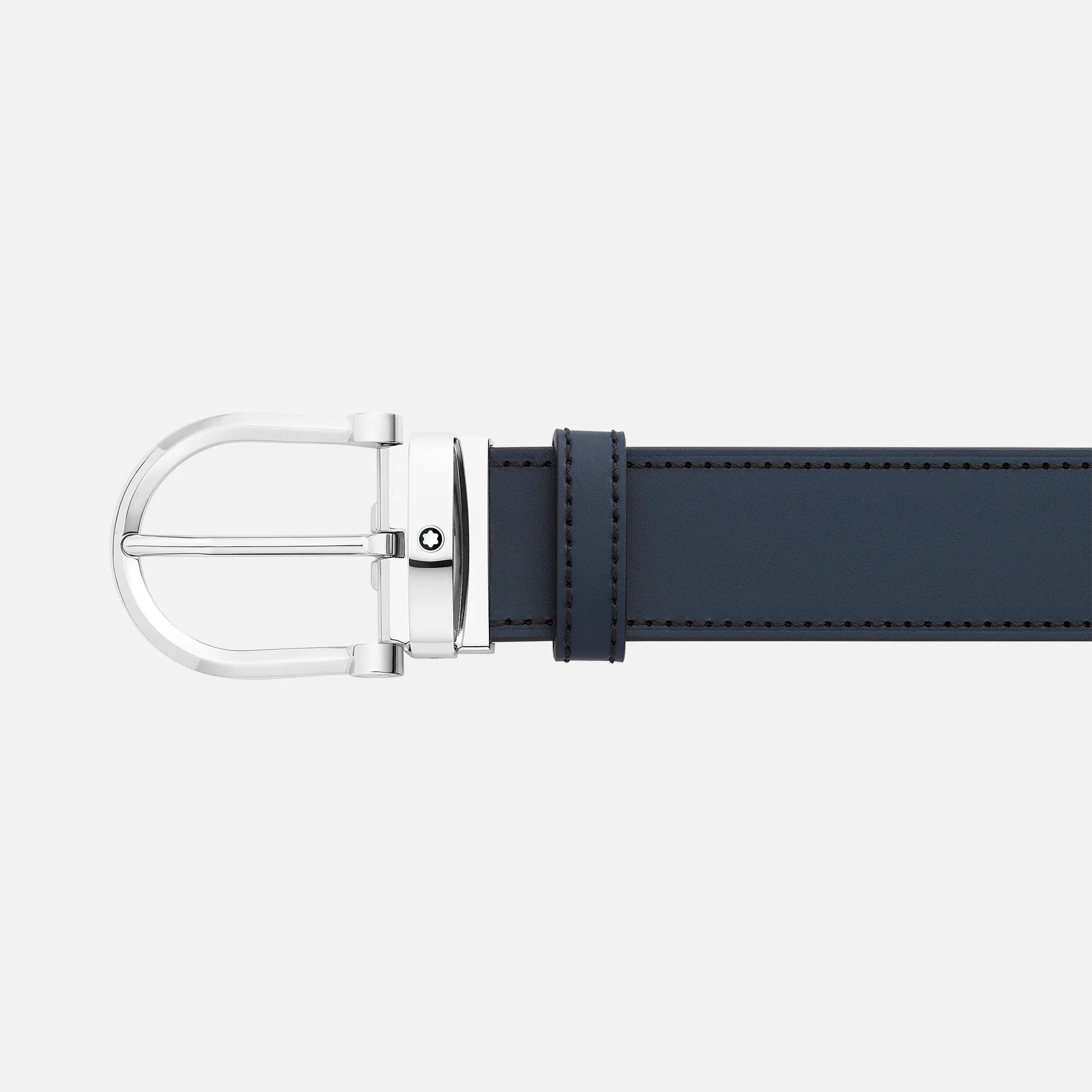 Montblanc cintura 35mm con fibbia a ferro di cavallo in pelle nera/blu reversibile misura regolabile 128784