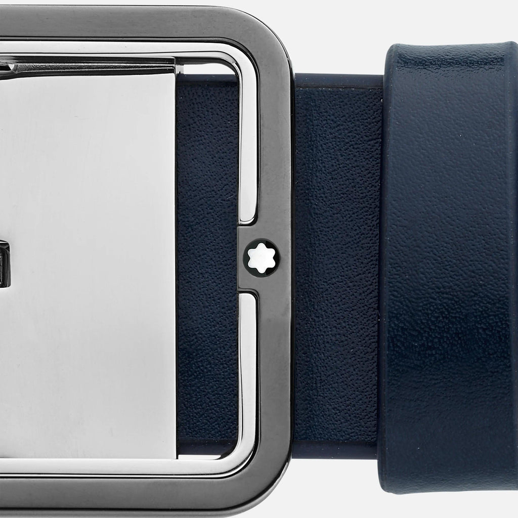 Montblanc cintura 35mm con fibbia rettangolare in pelle blu/grigio reversibile misura regolabile 131193