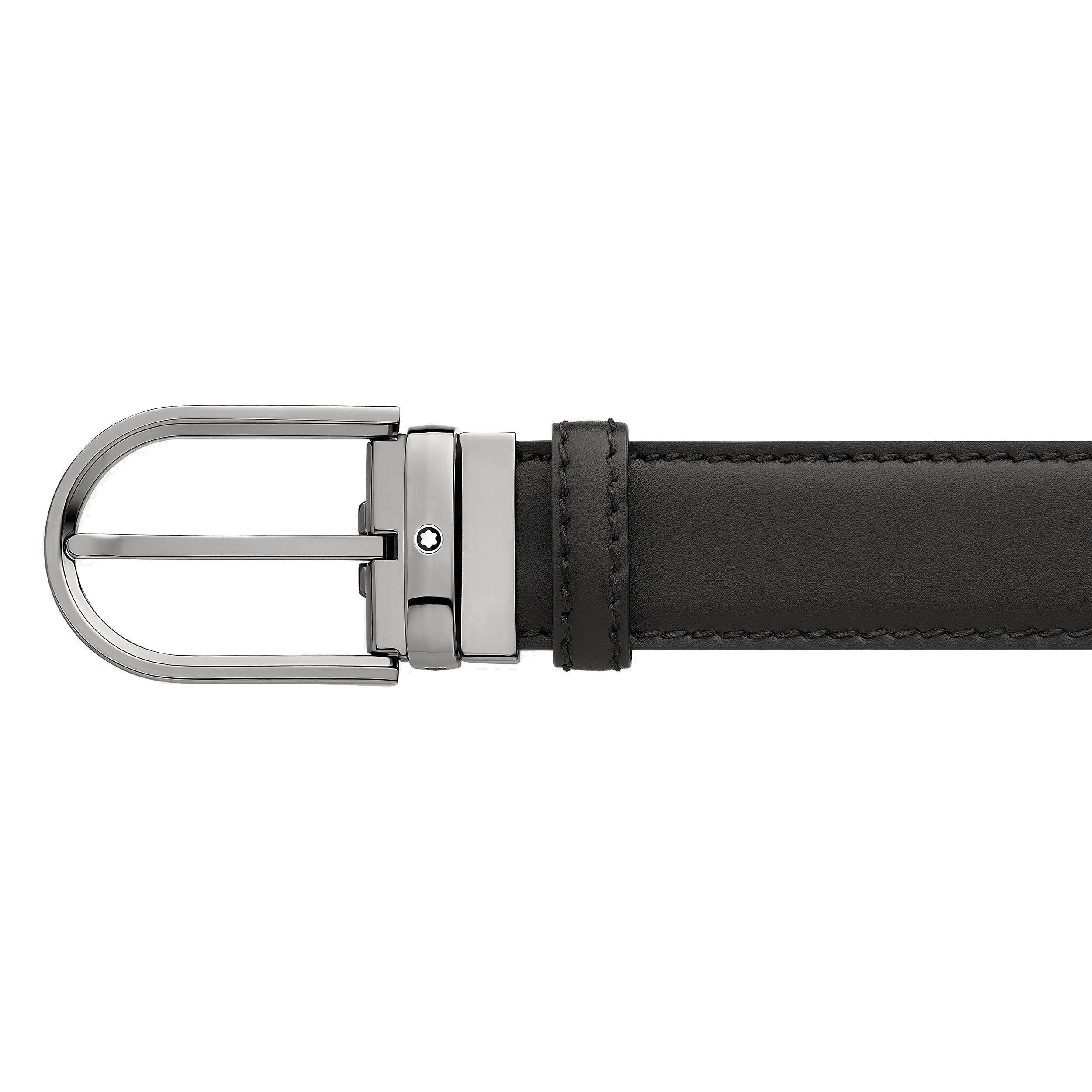 Montblanc cintura 35mm fibbia ferro di cavallo finitura rutenio pelle nera misura regolabile 128770