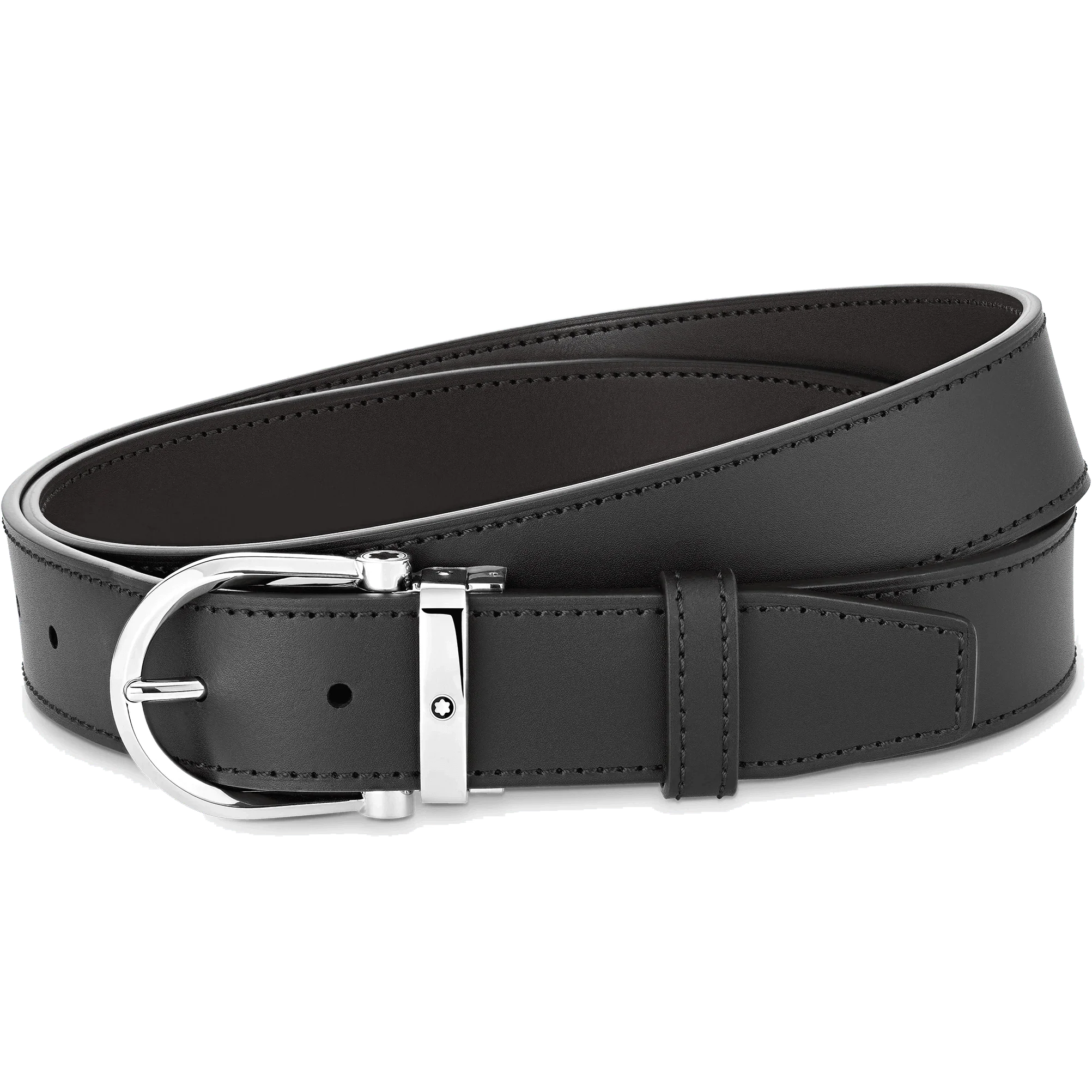 Montblanc cintura 35mm reversibile in pelle nera/marrone con fibbia a ferro di cavallo 128783