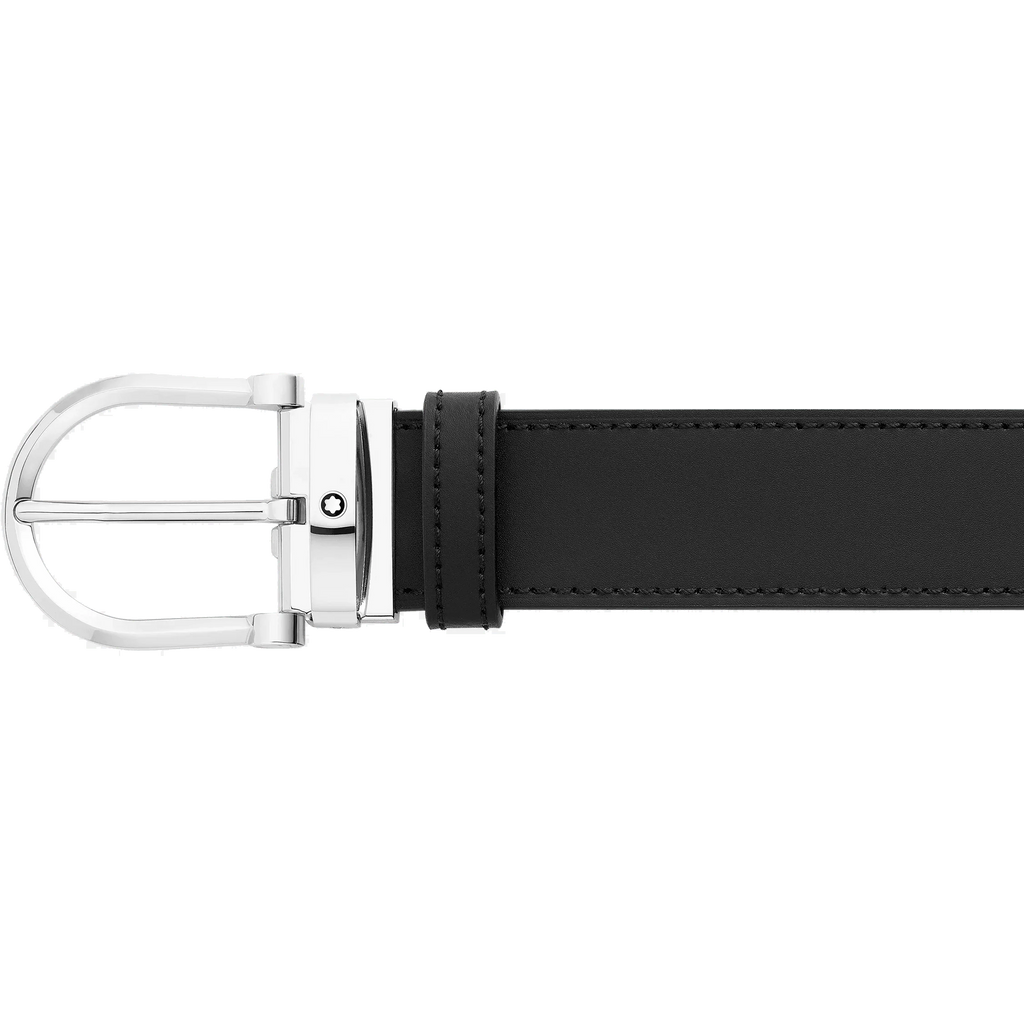 Montblanc cintura 35mm reversibile in pelle nera/marrone con fibbia a ferro di cavallo 128783