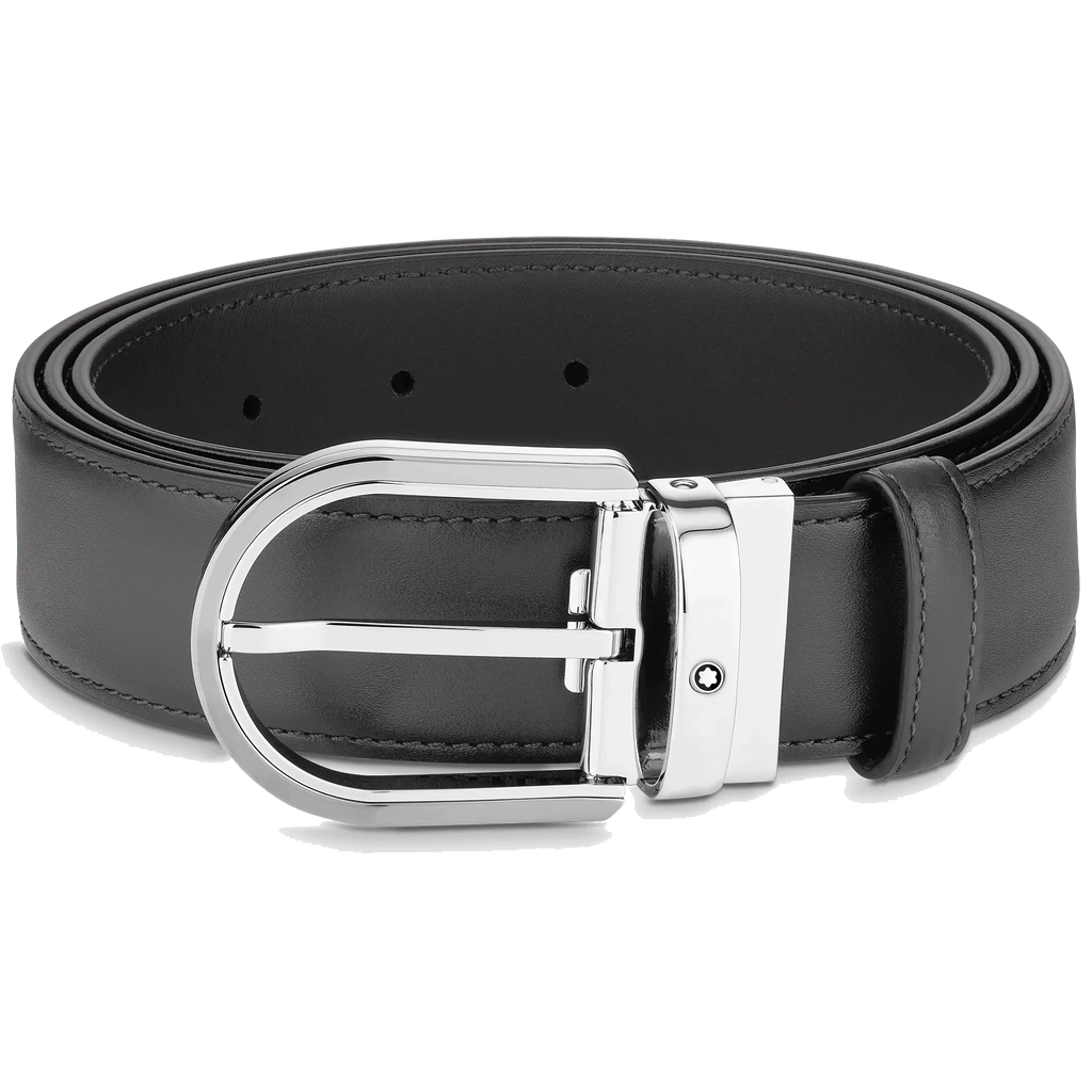 Montblanc cintura da 35 mm in pelle grigia con fibbia a ferro di cavallo 129437