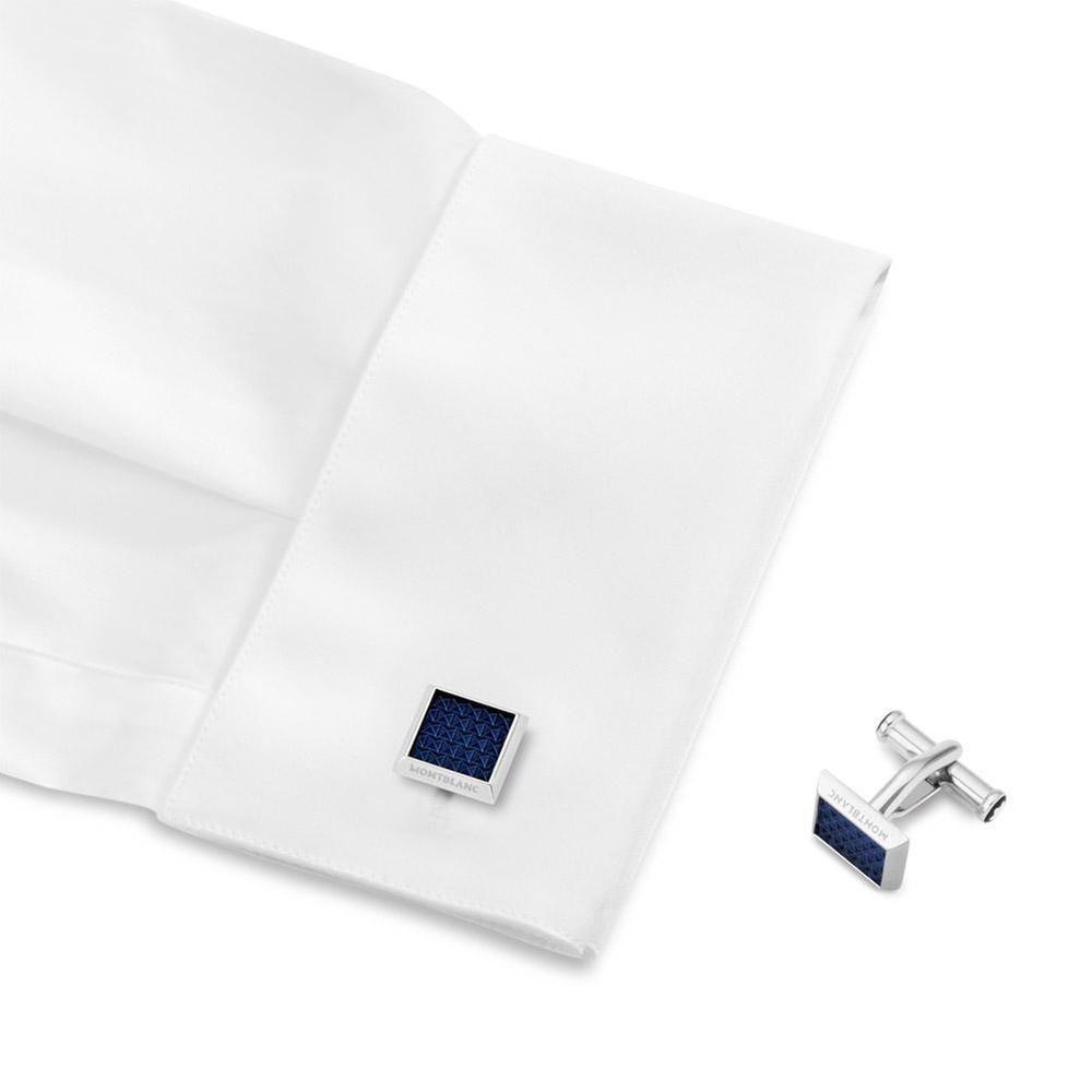 Montblanc gemelli rettangolari in acciaio pregiato con inserto blu lavorato 123805
