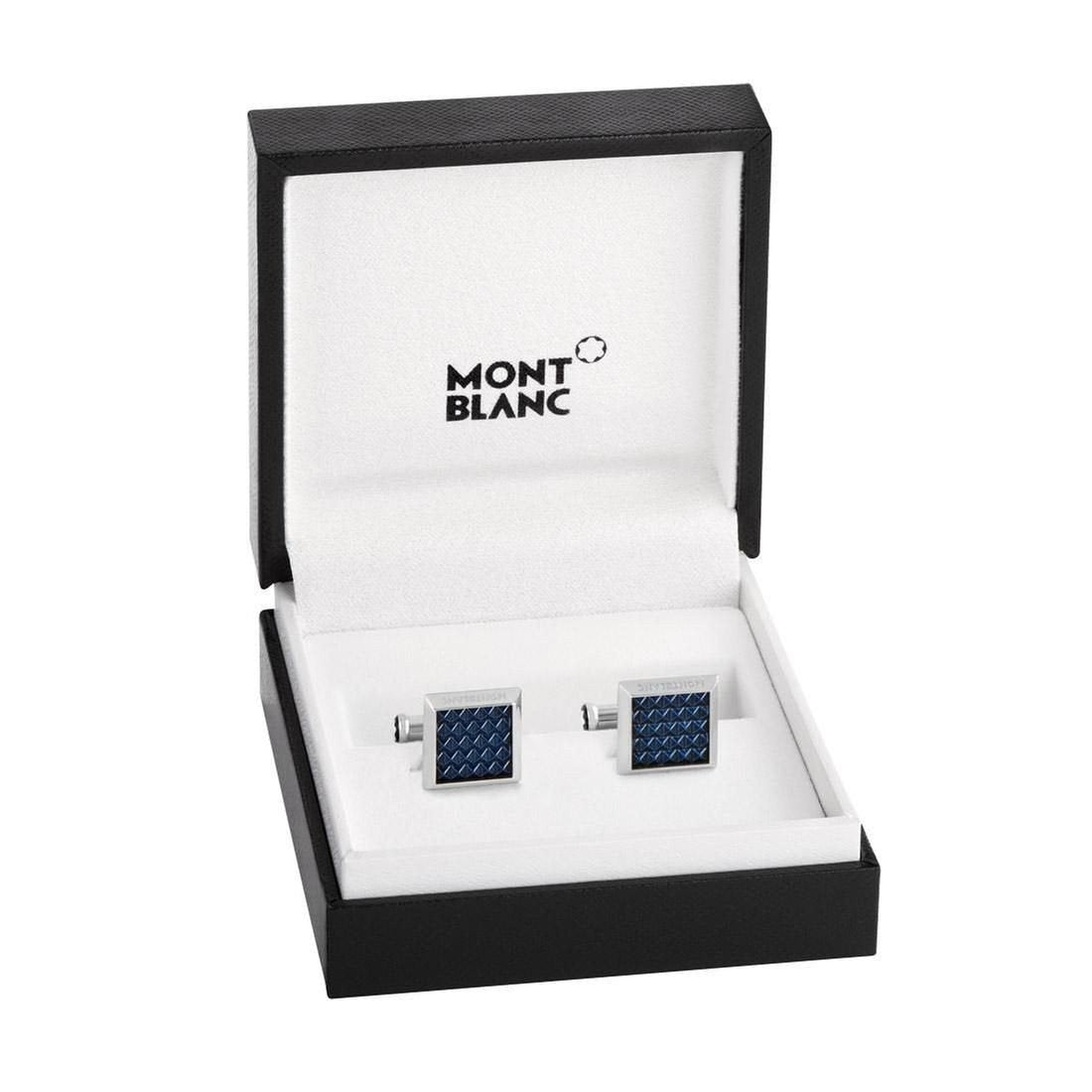 Montblanc gemelli rettangolari in acciaio pregiato con inserto blu lavorato 123805