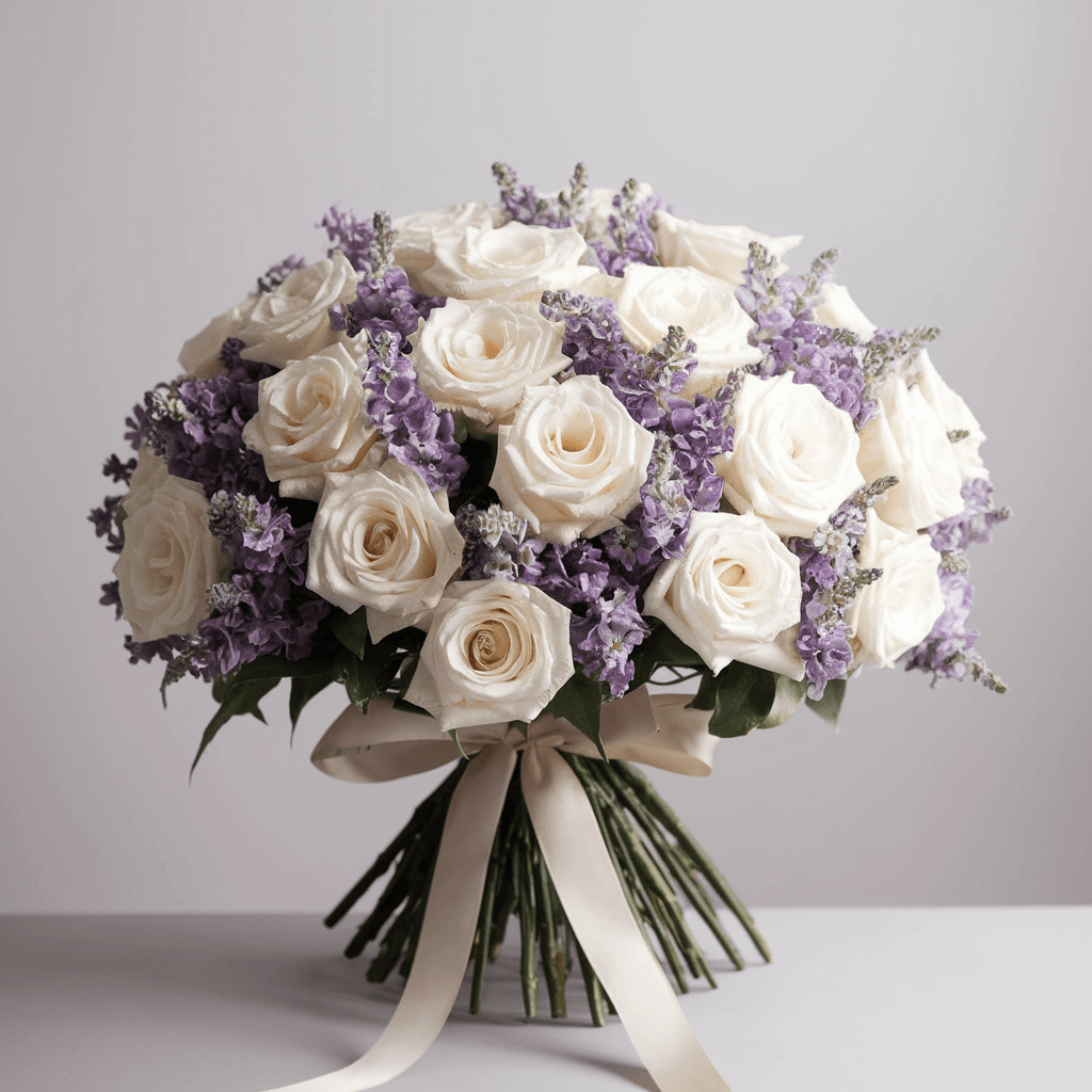 ABBRACCIO DI PACE – Mazzo di Rose Bianche e Fiori Viola