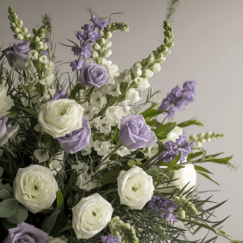 ABBRACCIO DI PACE – Mazzo di Rose Bianche e Fiori Viola