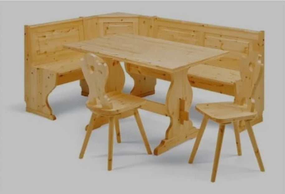 Giropanca Angolare Legno Pino + Tavolo Fisso + Sedie Tirolesi - Arredo Pub Chalet+ allunga