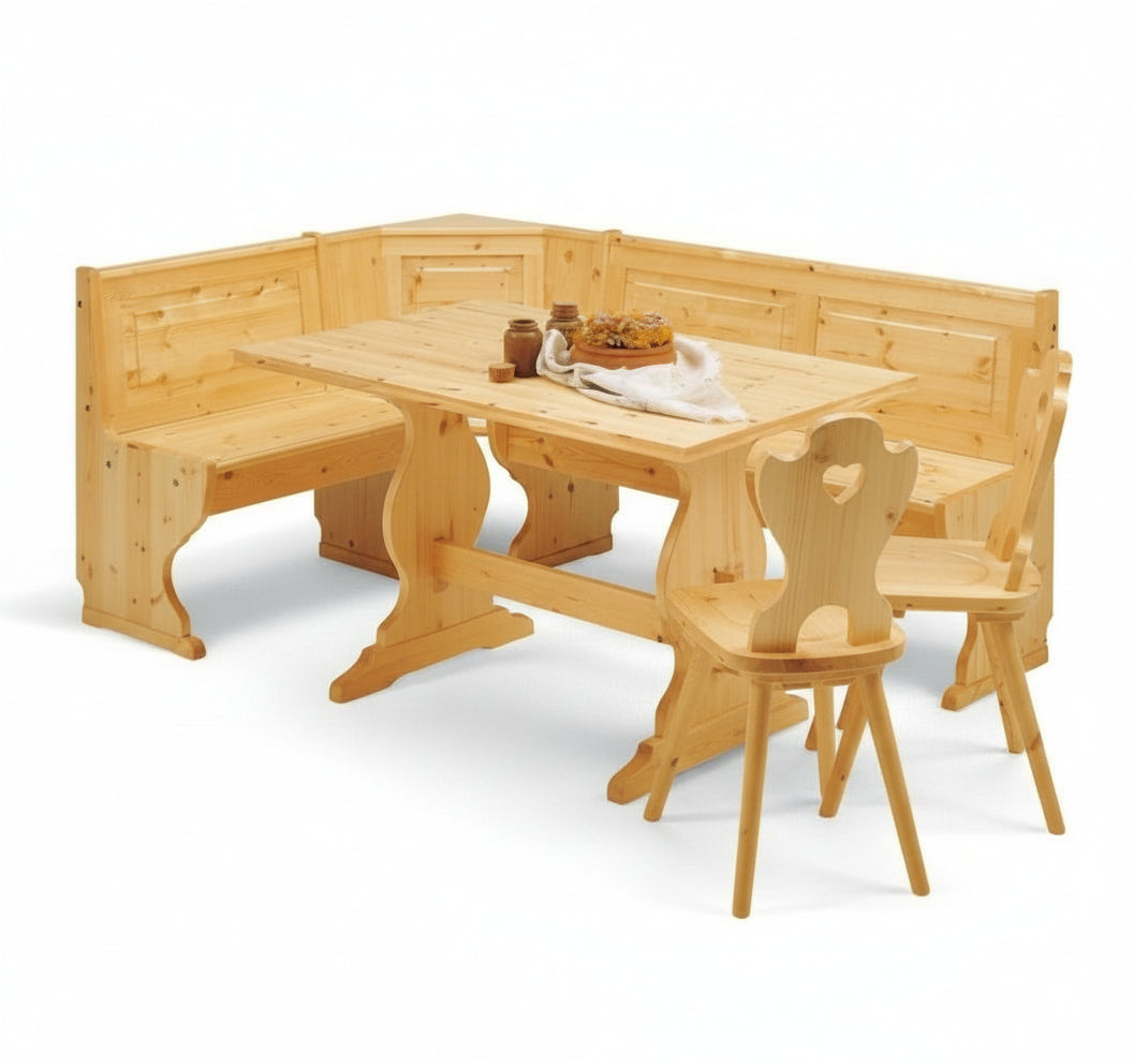 Angolo Panca 133x173 con Tavolo Fratino Fisso 130x80x3 e 2 Sedie con Cuore - Tinta Naturale