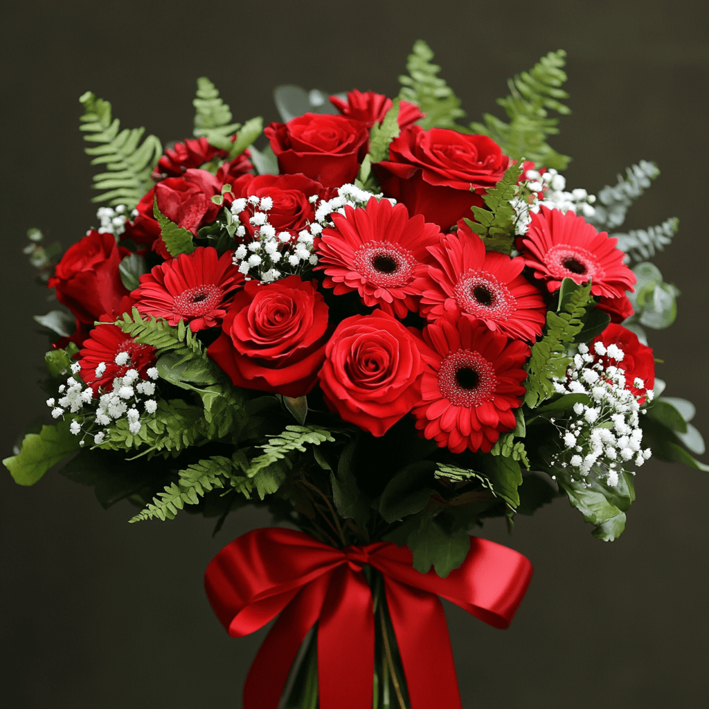 PASSIONE IN ROSSO – Rose Rosse, Gerbere e Gypsophila