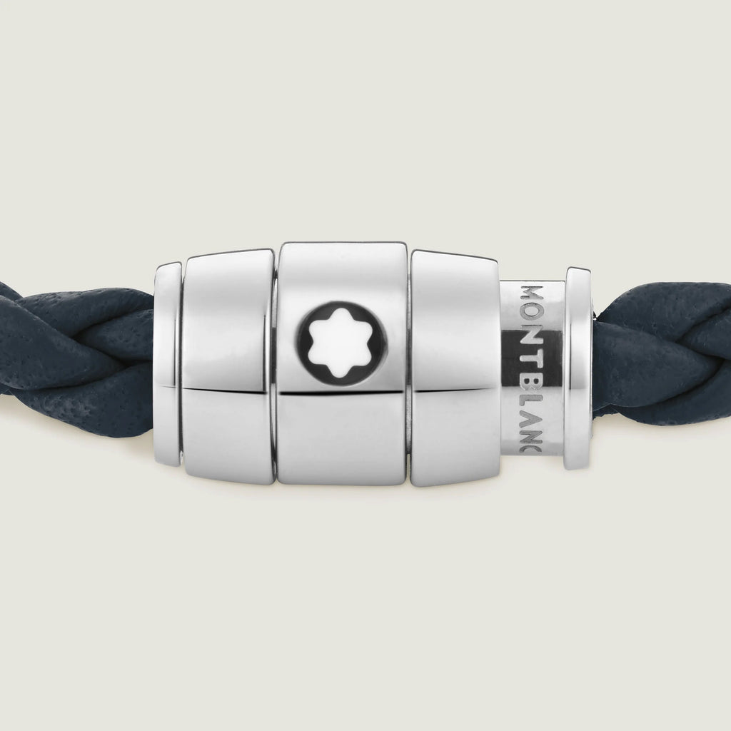 Montblanc bracciale in acciaio a 3 anelli e pelle Meisterstück Blu avio misura S 13601260