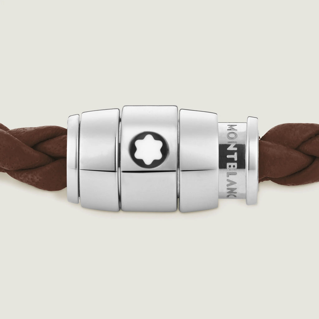 Montblanc bracciale in acciaio a 3 anelli e pelle Meisterstück Marrone Fulvo misura M 13600163