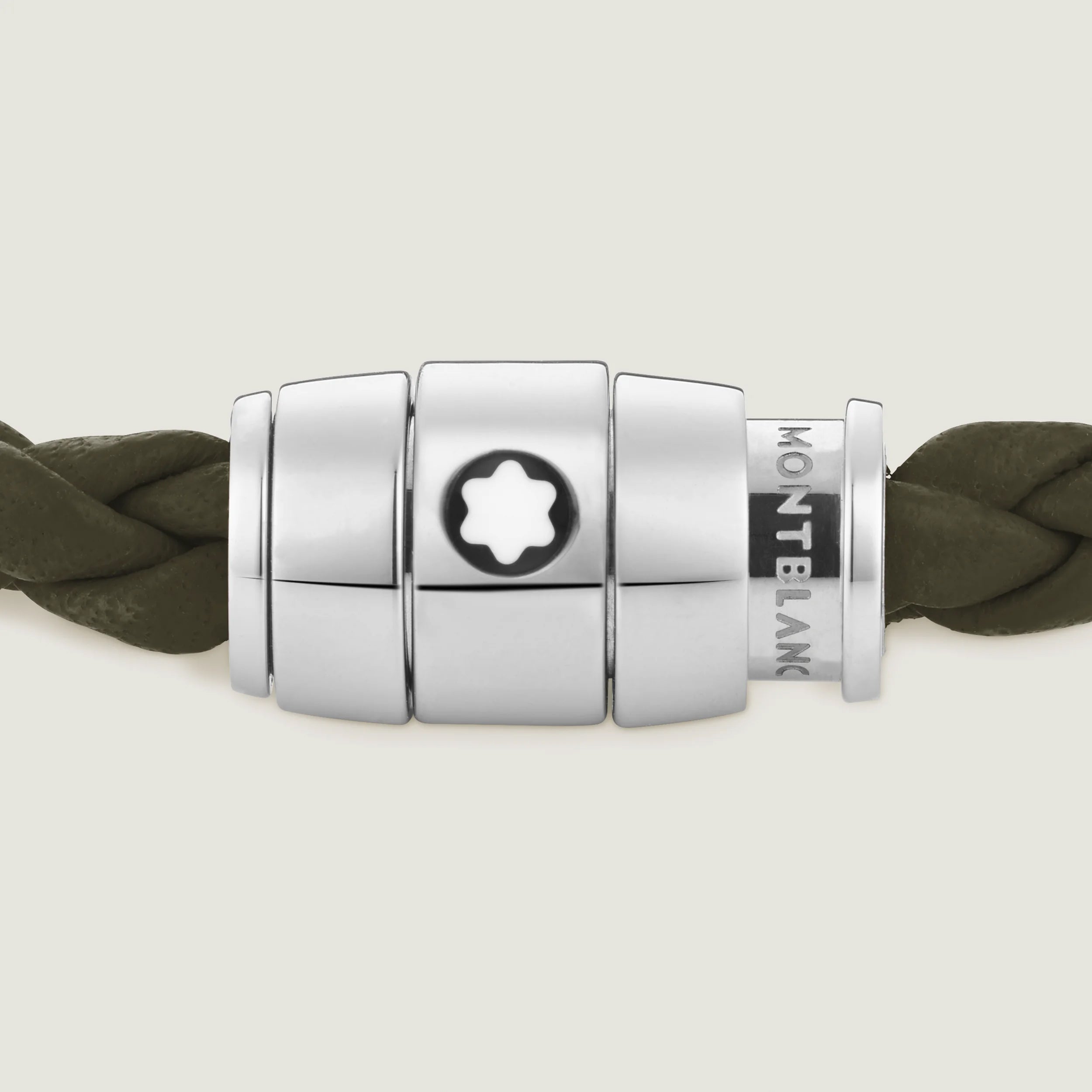 Montblanc bracciale in acciaio a 3 anelli e pelle Meisterstück Kaki misura S 13600360