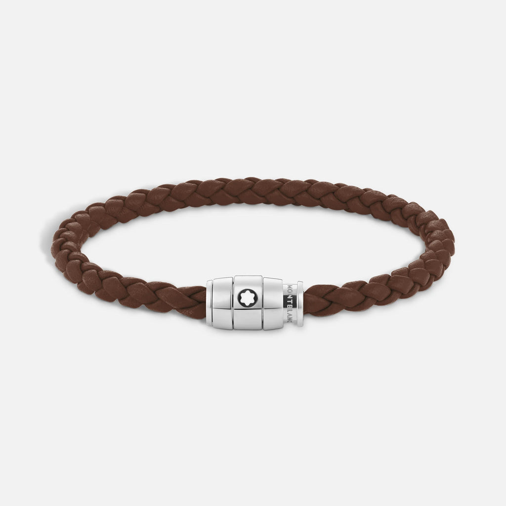 Montblanc bracciale in acciaio a 3 anelli e pelle Meisterstück Marrone Fulvo misura L 13600268