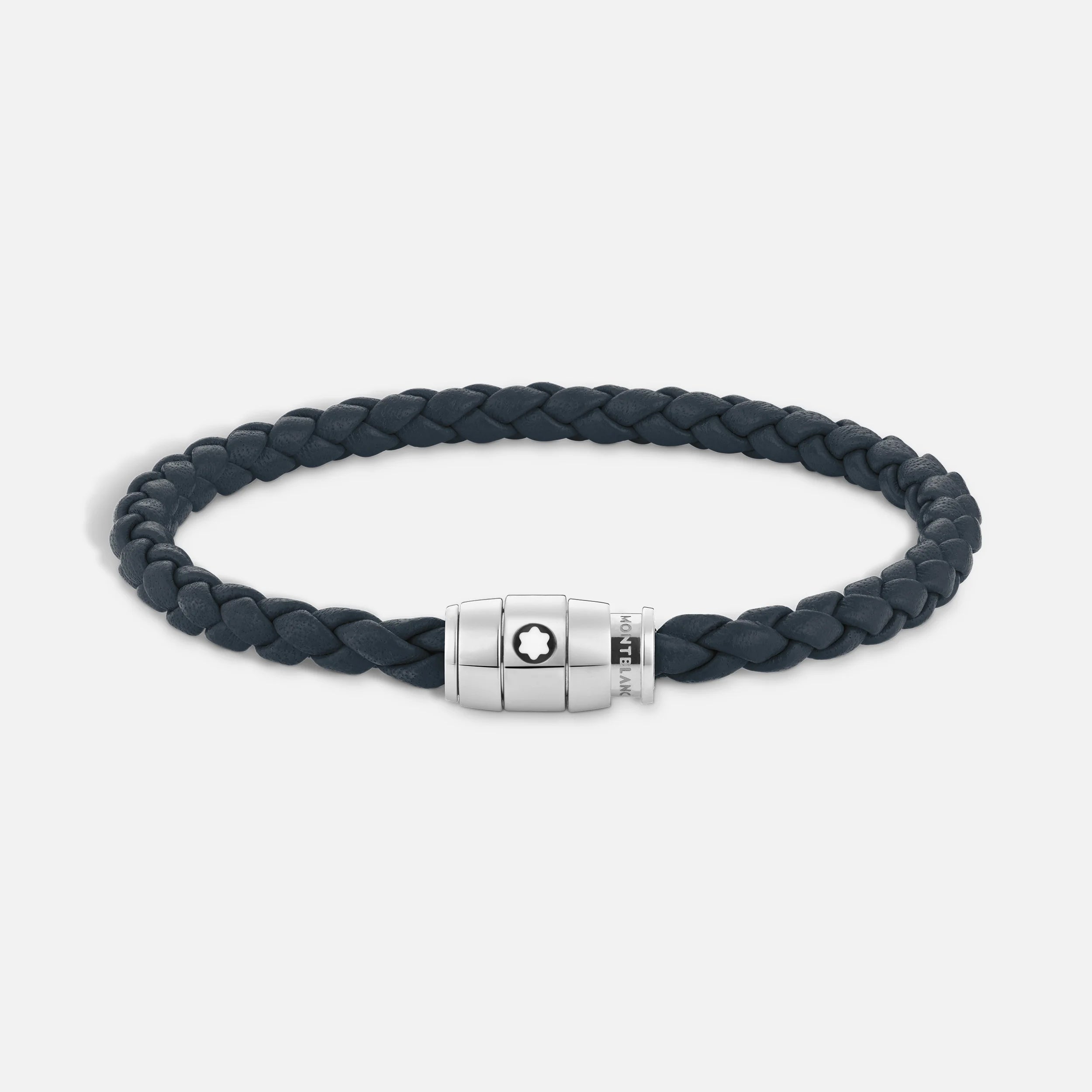 Montblanc bracciale in acciaio a 3 anelli e pelle Meisterstück Blu avio misura L 13601468